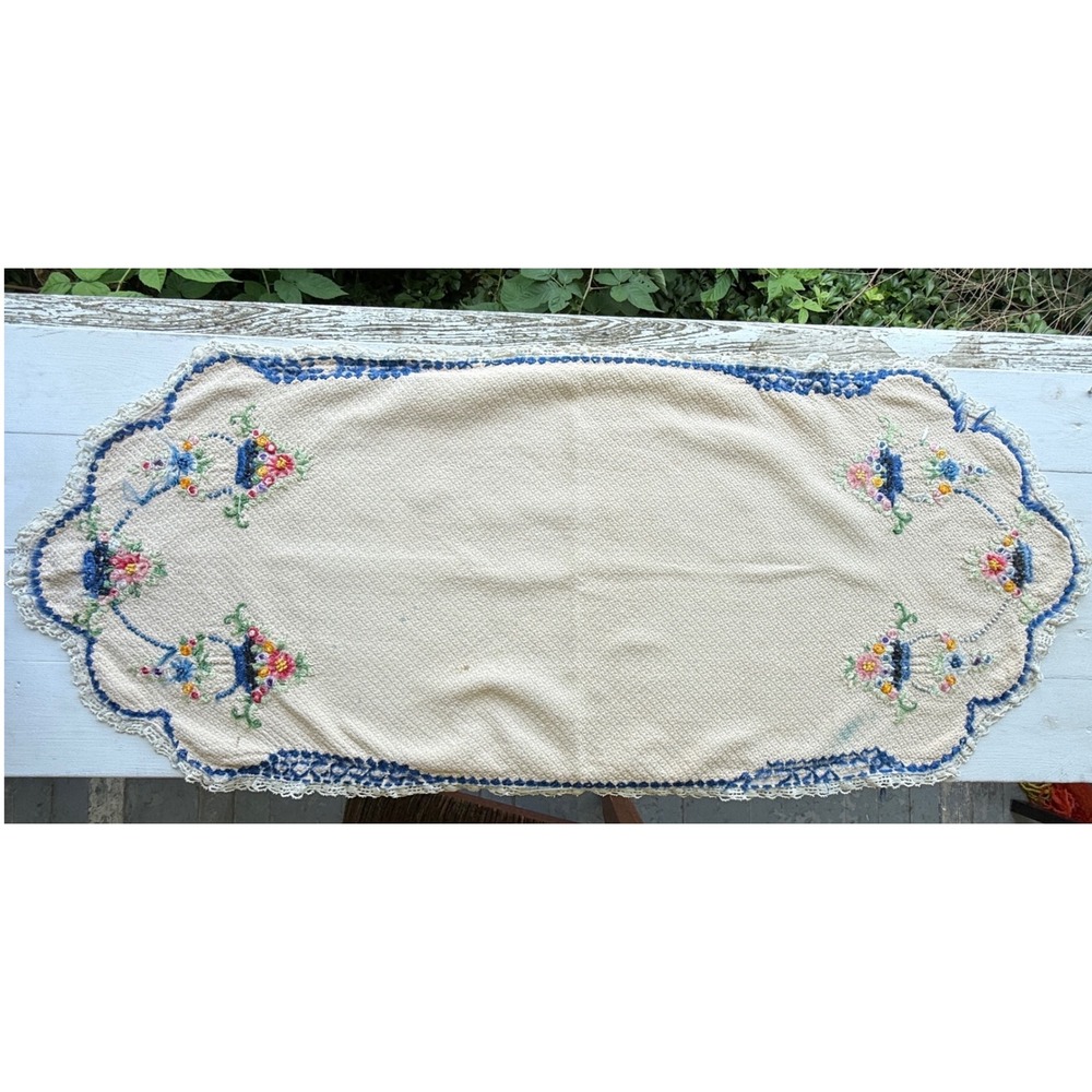 Vintage Hand Embroidered Floral Table Runner Blue White Lace Trim 42 Inch - Picture 2 of 11